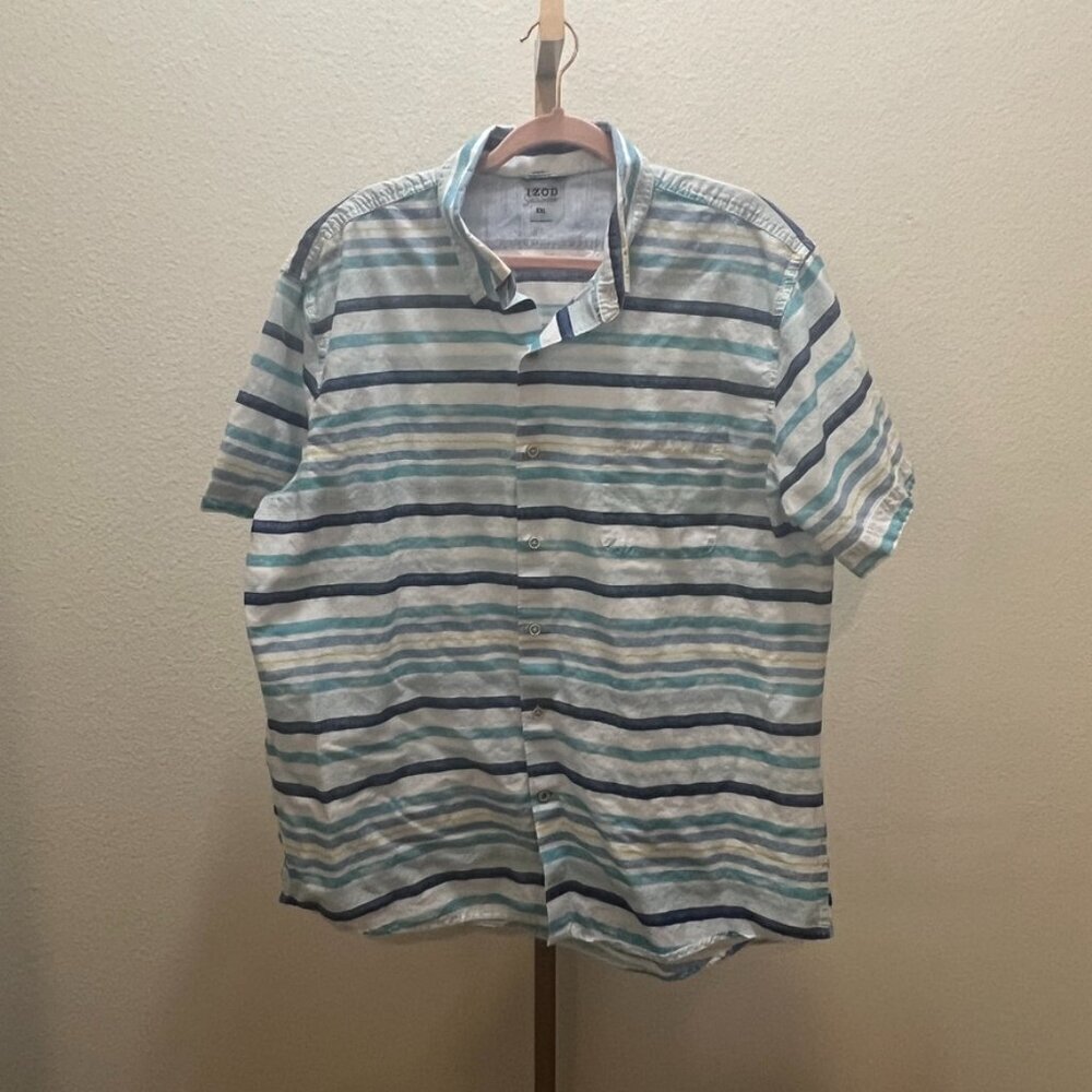 Izod Saltwater Shirt Mens XXL Blue White Yellow Striped Vacation